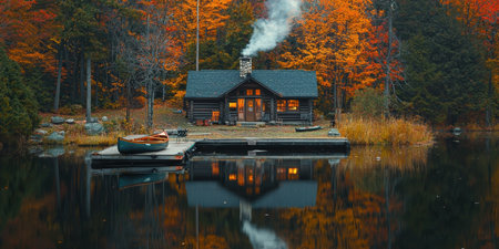 Peaceful Autumn Lakeside Cabin in a Serene Forest Wilderness   A cozy and inviting rustic log cabin reflected in the calm waters of a remote mountain lake surrounded by vibrant fall foliageの素材