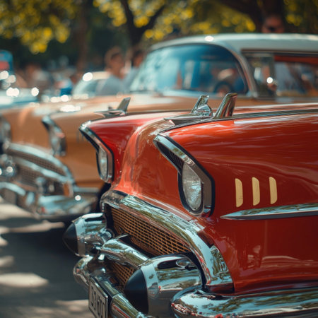 Vintage Car Show in a Vibrant Urban Setting with Colorful Classic Vehicles on Displayの素材