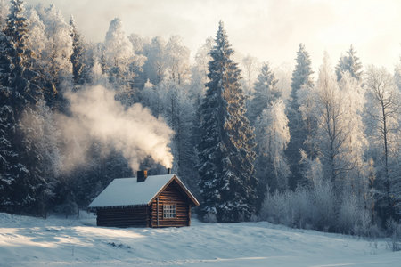 Cozy wooden cabin nestled in a serene snowy forest landscape  Peaceful tranquil winter scene with pine trees covered in frost creating a picturesque and idyllic atmosphereの素材