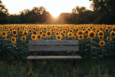 Peaceful and tranquil sunflower field with lush vibrant yellow flowers basking in the warm golden glow of the setting sun  A wooden bench invites visitors to pause and take in the sereneの素材