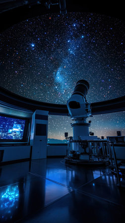 Stunning Nighttime Image of a High Tech Space Observatory Facility with Towering Telescope and Breathtaking View of the Starry Galaxy and Cosmosの素材