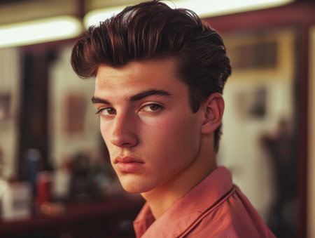 Handsome young man with a classic vintage inspired style posing confidently in a studio setting  His serious yet engaging expression and stylish appearance create an air of sophistication and charmの素材