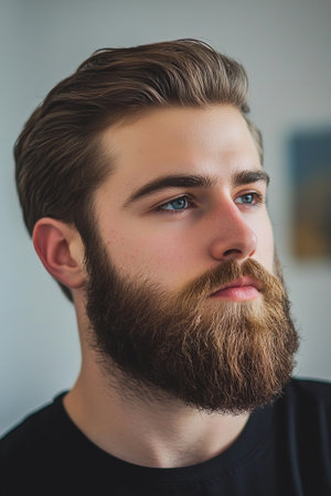 Handsome bearded young man with a serious thoughtful expression captured in a modern studio portrait setting  The subject s confidentの素材