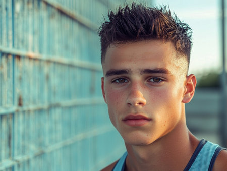 Portrait of a pensive serious looking young man with a sporty hairstyle set against an urban background with a textured wallの素材