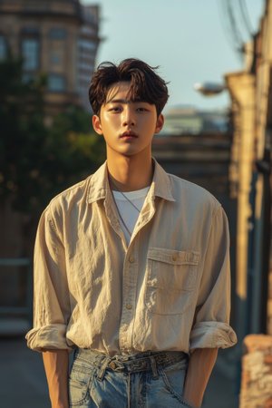 Portrait of a pensive thoughtful young Korean man in a casual yet stylish city street fashion outfit standing and posing outdoors in an urban environment with architectural details in the backgroundの素材