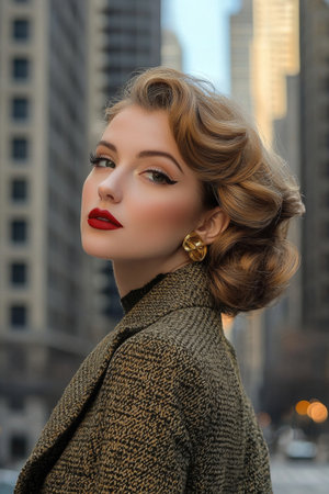 Elegant and Captivating Retro Inspired Model Posing in Front of the City Skyline Exuding Confidence and Sophisticationの素材