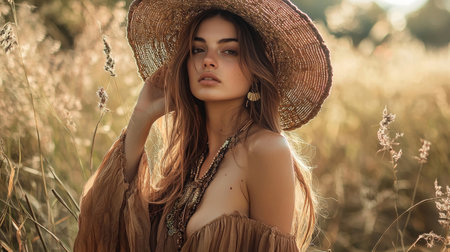 Captivating portrait of a young woman in a bohemian inspired outfit enjoying the peaceful atmosphere of an outdoor meadow setting under the warm sunlightの素材