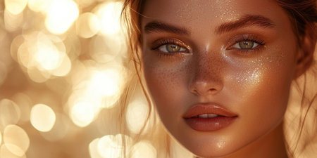 Captivating portrait of a young woman with a radiant luminous glow and a serene peaceful expression  The natural light bathes her face in a soft dreamlike warmthの素材