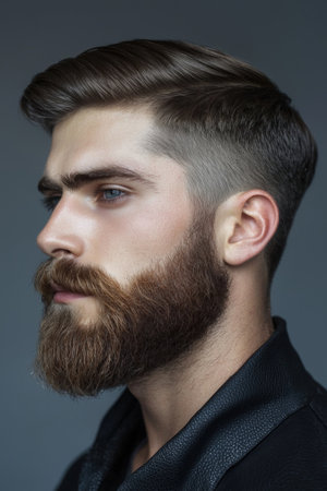 Closeup Portrait of a Well groomed Bearded Man Wearing a Sophisticated Formal Outfit and Posing Confidently Against a Gray Studio Backgroundの素材