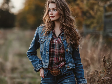 Full length portrait of a young stylishly dressed woman posing in a natural outdoor setting with an autumn inspired countryside backdropの素材