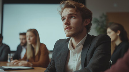 A focused young professional in a suit presenting and discussing business strategies and ideas with his colleagues during an important meeting or conferenceの素材