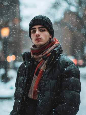 Pensive young man in warm winter jacket scarf and hat strolling down a snowy city street lost in thought as he explores the urban environment on a cold atmospheric dayの素材