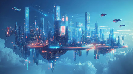 Futuristic floating city with towering skyscrapers glowing architecture and hovering aircraft against a cloudy reflective backdrop  This digital depicts a visionaryの素材