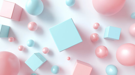 Pastel Geometric Abstract 3D Shapes Minimal Background Soft dreamy and contemporary digital art with cubes spheres triangles and other geometric forms in pastel pink blue and mint colorsの素材