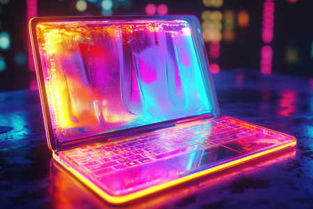 Visually striking 3D mockup of a laptop device in a surreal neon lit studio environment featuring vibrant colors reflective surfaces and a dreamlike futuristic atmosphereの素材