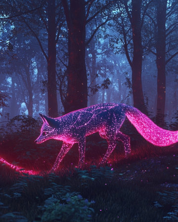 Mesmerizing glowing 3D fox creature roaming through an enchanted mystical nighttime forest landscape filled with luminous ethereal flora and fauna  A captivatingの素材