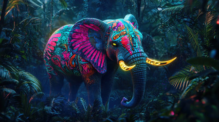 Vibrant and Whimsical 3D of a Playful Elephant Surrounded by a Lush Tropical Jungle Landscape Filled with Ornate Patterns Colorful Gems and Mystical Elementsの素材