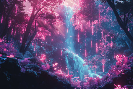 Captivating Magical Ethereal Fantasy Forest Landscape with Cascading Waterfall Vibrant Colorful Foliage and Tranquil Flowing Stream in a Serene and Lush Environmentの素材