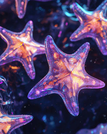 Mesmerizing 3D depicting a fantastical underwater scene with glowing iridescent starfish and vibrant ethereal coral like formations  The image exudes a dreamlikeの素材