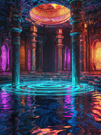 Mesmerizing Underwater Ethereal Temple of Mystic Grandeur   A surreal vibrant and visually captivating scene of an otherworldly ancient temple submerged in a reflective colorful pool of waterの素材