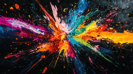 Explosive Chromatic Detonation   Vibrant Neon Abstract Artwork Showcasing a Chaotic Spray of Vivid Colors and Dynamic Energyの素材