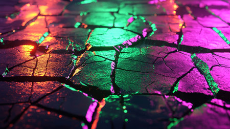 Futuristic and surreal image featuring a complex cracked metallic surface with intricate glowing color patterns dynamic geometric shapes and a luminous technological aestheticの素材