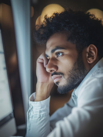 Thoughtful and introspective African American businessman sitting at office window contemplating or problem solving while focused on his work  Professional corporate portrait in a workspace settingの素材