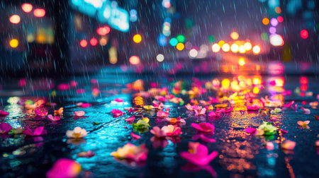 Vibrant Neon Lit Cityscape During a Soft Rain at Night  Blurred lights reflections and bokeh effects create a dreamy atmospheric scene in the urban environmentの素材