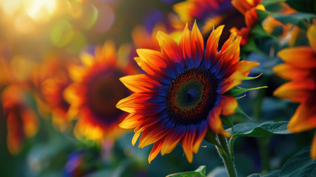 Vibrant Sunflower Garden with Giant Blooming Flowers in Warm Sunny Weather  Closeup of Beautiful Colorful Sunflowers with Lush Foliage in Natural Outdoor Environmentの素材