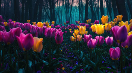 Vibrant tulips blooming in a lush enchanting forest landscape  Dense foliage vibrant colors and a serene atmospheric setting create a fairytale like scene of natural beautyの素材