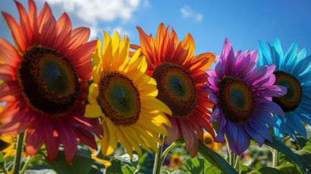 Breathtaking sunflower garden with giant vibrant flowers in an array of colors including yellow red purple and blue blooming under a clear blue sky  Stunning naturalの素材