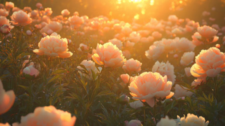 Vibrant Sunset Peony Field   A Captivating Floral Landscape Bathed in Golden Light  Lush blooming peonies fill the frameの素材