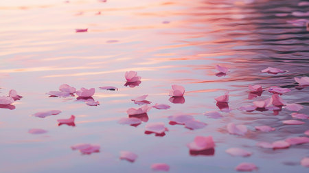 Soft ethereal pink petals delicately drifting and floating on the surface of a calm tranquil body of water gently carried by a soothing breeze  The serene natural scene creates a poeticの素材