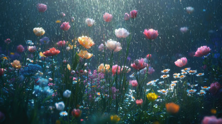 Pastel colored flowers in a lush garden setting are gently showered by a delicate rain creating a serene and tranquil atmosphere  The colorful petals and foliage are accentuated by the softの素材