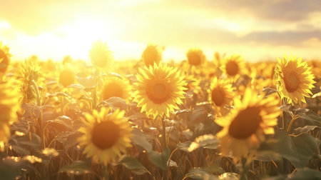 A serene and picturesque horizon filled with a boundless expanse of vibrant golden sunflowers basking in the warm glow of the setting sunの素材