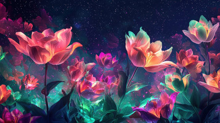Ethereal Floral Landscape with Aurora Borealis Illuminating the Night Sky   Vibrant colorful flowers blooming in a fantastical sceneの素材