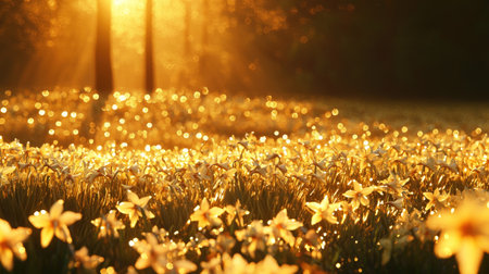 Expansive golden daffodil field bathed in warm glowing sunlight  A vast and beautiful natural landscape filled with blooming flowers creating a serene and picturesque sceneの素材