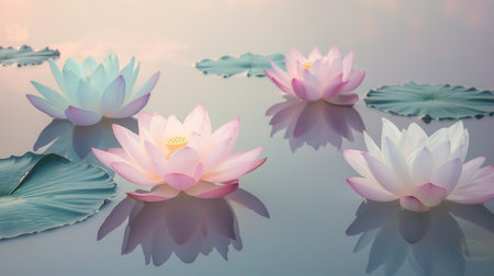 Enchanting Floating Lotus Blossoms in a Serene Pond   Delicate pink and lavender lotus flowers gracefully floating on the still turquoise water of a peaceful pondの素材