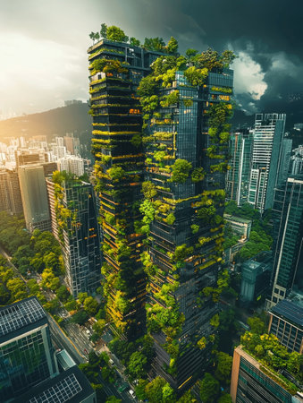 Cutting Edge Green Skyscraper Showcasing Innovative Sustainable Urban Architecture with Nature and Eco Friendly Design Elements for a Climate Resilient and Livable Cityの素材