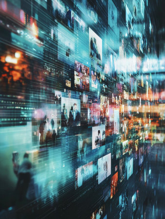 Captivating Digital Memorial Wall Portraying Dynamic Fusion of Data and Visuals   An abstract technology driven composite image showcasing a digital memorial wall with a mesmerizing overlay of dataの素材