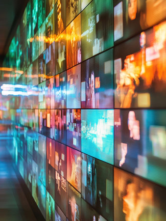 Mesmerizing digital memorial wall featuring a dazzling array of colorful luminous neon patterns and kaleidoscopic visual effects creating a captivating and futuristic display of technology and artの素材