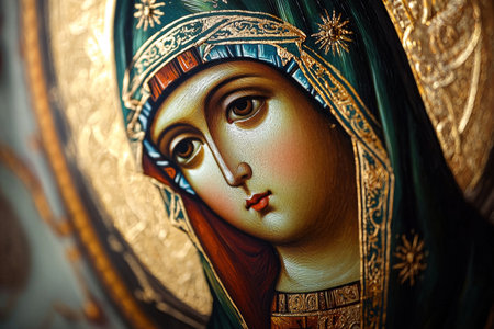 Close up of a beautifully detailed and ornate Orthodox Christian icon featuring a richly decorated headpiece and a soulful contemplative gazeの素材