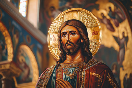Detailed traditional Orthodox Christian icon depicting a portrait of Jesus Christ the Savior  with hagiographic imagery  ornate religious symbolismの素材