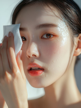 Elegant and Youthful Korean Woman Applying Toner Reflection in Mirror Depicting a Serene Skincare Routine for Healthy Glowing Skinの素材
