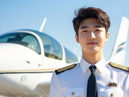 Confident and Smiling Young Asian Man Wearing Pilot s Uniform and Standing in Front of Commercial Airplane Cockpit Suggesting a Career in Aviation Aerospace or Transportationの素材