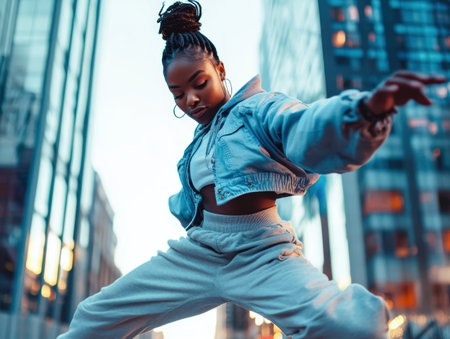 Dynamic young woman performing acrobatic dance moves with energy and flexibility in an urban cityscape with modern skyscrapers in the backgroundの素材
