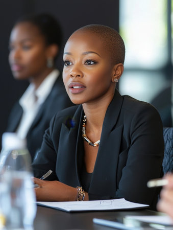 Confident and Poised Black Female Business Executive Leading a Corporate Meeting or Presentation at the Office Deskの素材