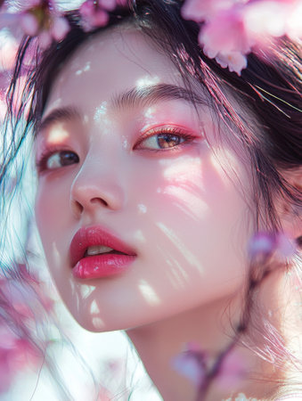 Captivating portrait of a young beautiful Asian woman with soft glowing skin and elegant features surrounded by delicate pastel floral blooms exuding a sense of ethereal mystery and enchantmentの素材