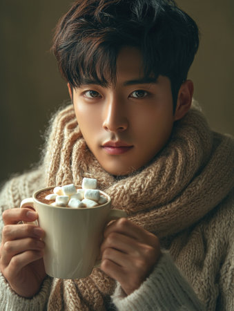 A photography of a young  smiling Korean man wrapped in a cozy scarf  holding a steaming mug of hot drink  relaxing in a peaceful  indoor setting on a winter dayの素材