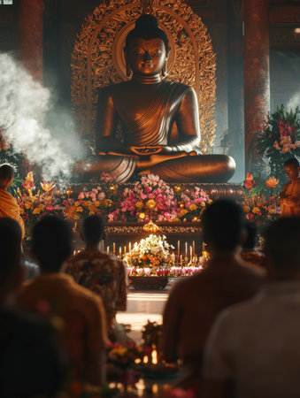 Devotees Praying and Worshipping Before Ornate Buddhist Buddha Statue in Historic Temple Shrine  People Engaging in Religious Ritual and Spiritual Meditationの素材
